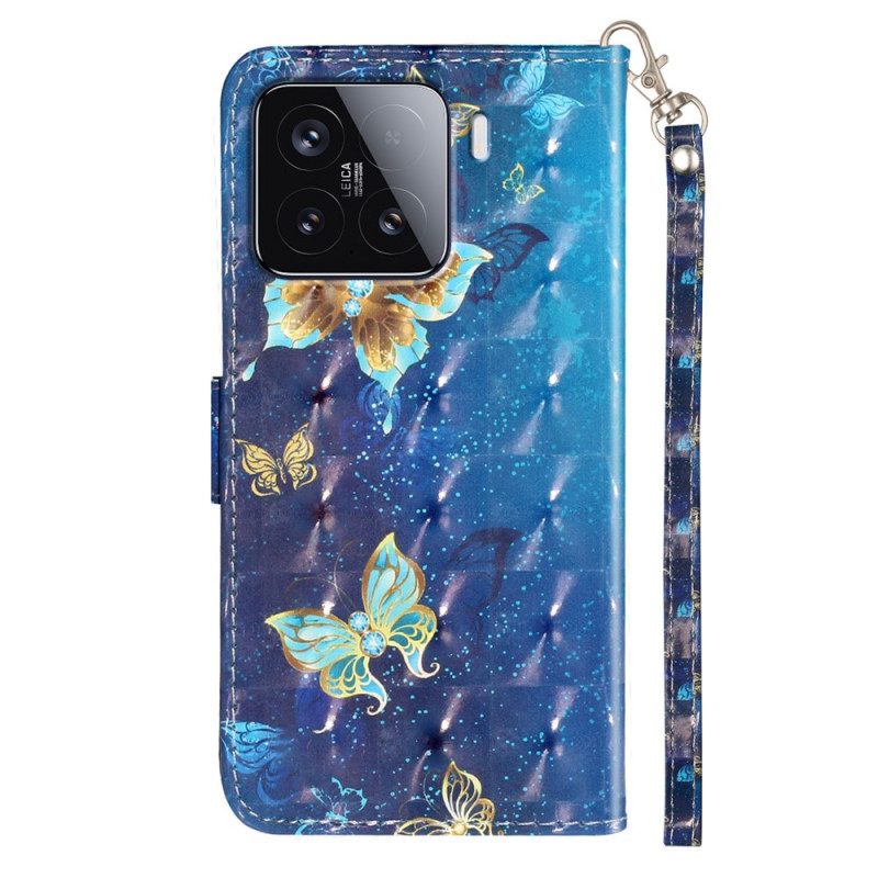 Lederhüllen Xiaomi 15t Pro Blaue Und Goldene Schmetterlinge