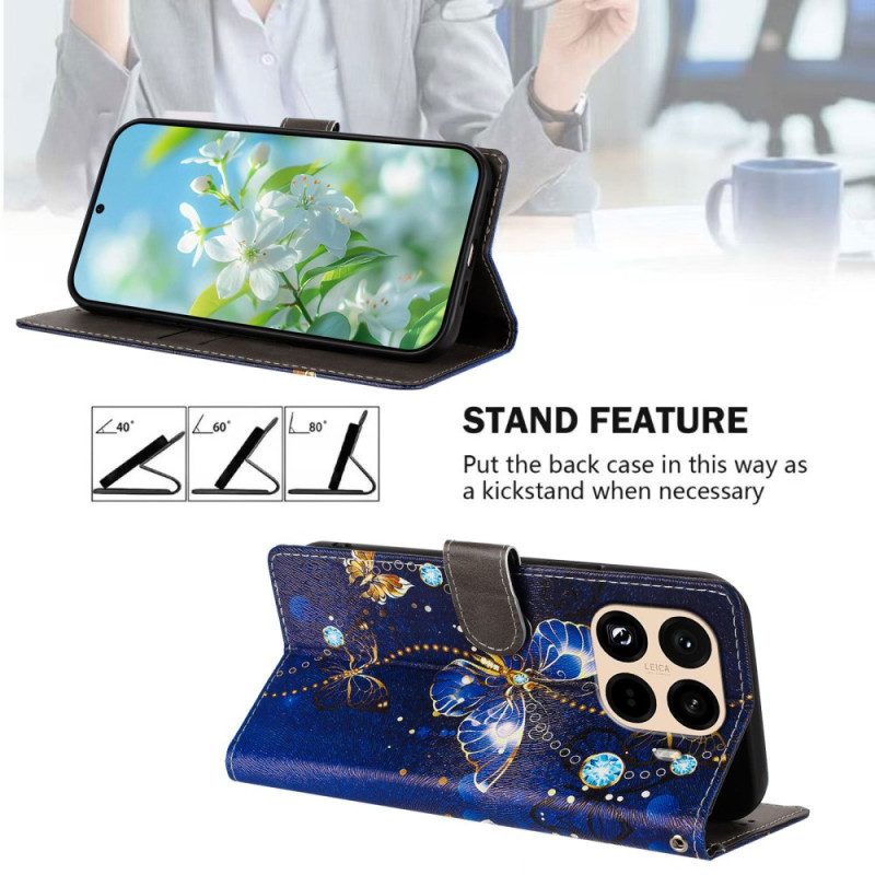 Lederhüllen Xiaomi 15t Pro Handyhülle Goldene Und Blaue Schmetterlinge
