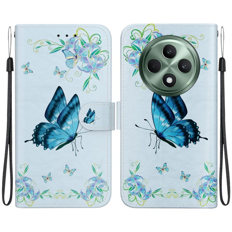Lederhüllen Oppo Reno 12f 5g Blauer Schmetterling Und Blumen Mit Riemen