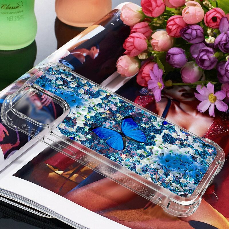 Hülle Für iPhone 13 Pro Max Glitzernde Blaue Schmetterlinge