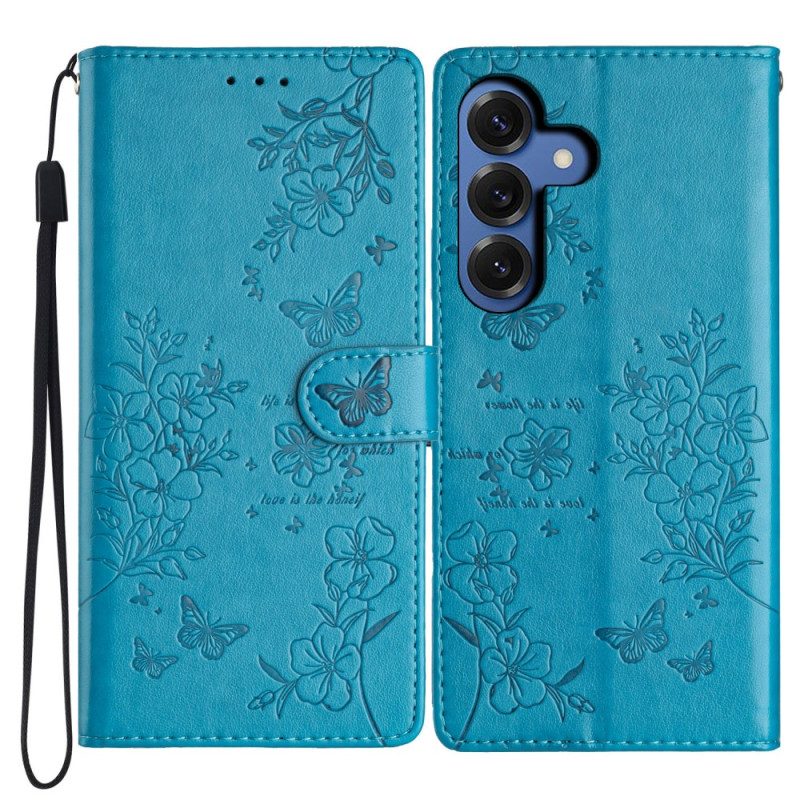 Lederhüllen Für Samsung Galaxy S26 Plus Blumen-schmetterlingsdesign Und Lanyard