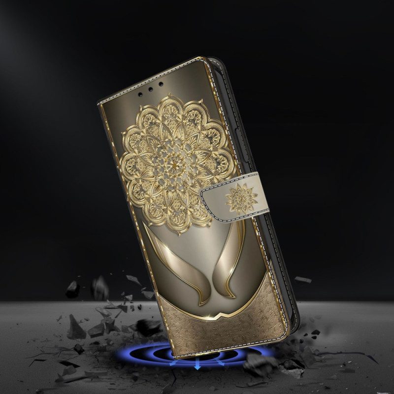 Lederhüllen Für Samsung Galaxy S26 Plus Glänzende Goldblumen