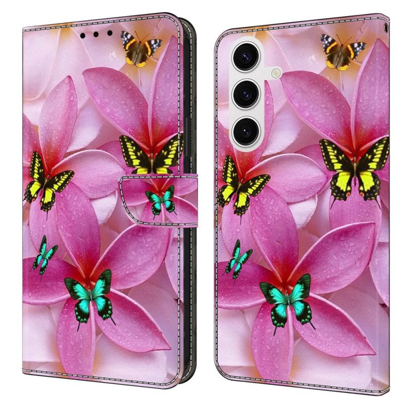 Lederhüllen Für Samsung Galaxy S26 Plus Rosa Schmetterlinge Mit Blumenmuster