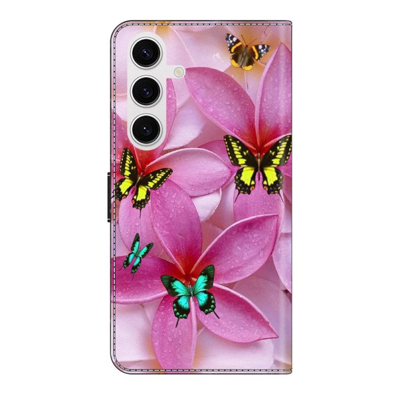 Lederhüllen Für Samsung Galaxy S26 Plus Rosa Schmetterlinge Mit Blumenmuster