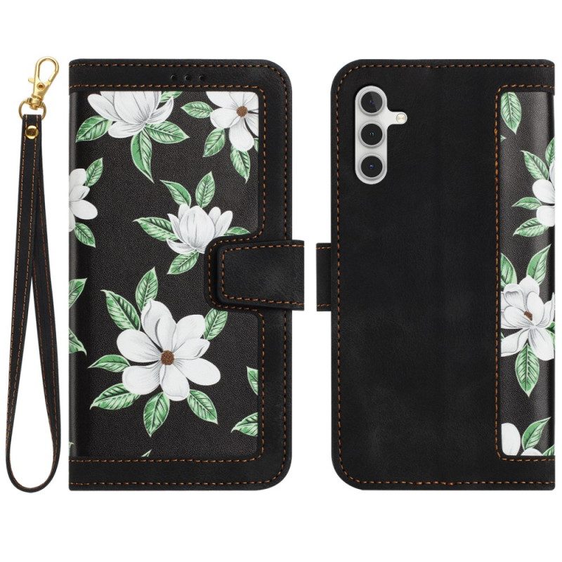 Lederhüllen Samsung Galaxy S26 Plus Blumenmuster Mit Riemen