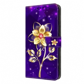 Lederhüllen Samsung Galaxy S26 Plus Goldene Blumen Auf Violettem Hintergrund