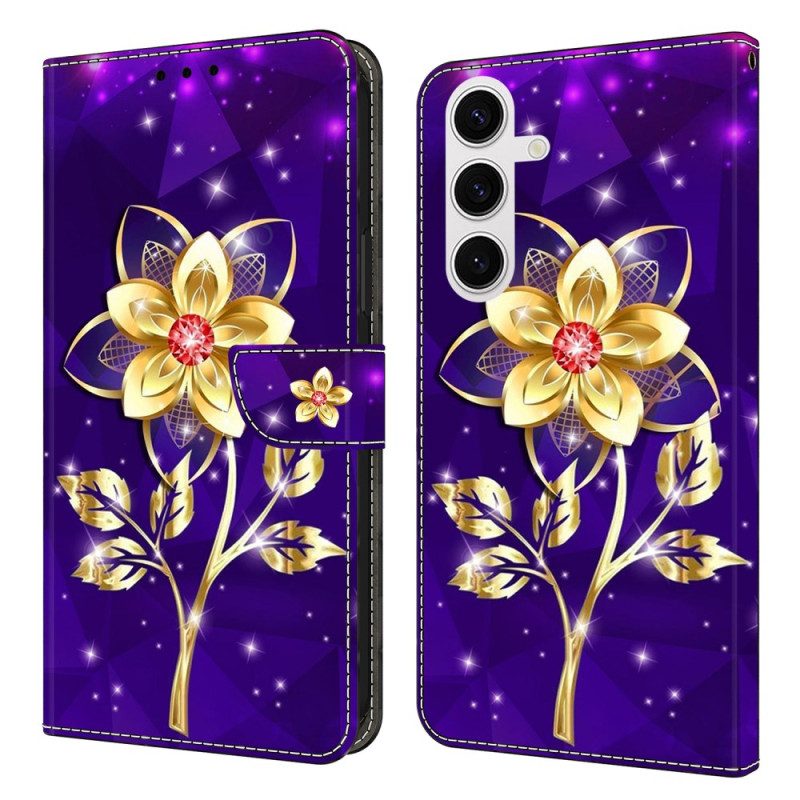 Lederhüllen Samsung Galaxy S26 Plus Goldene Blumen Auf Violettem Hintergrund