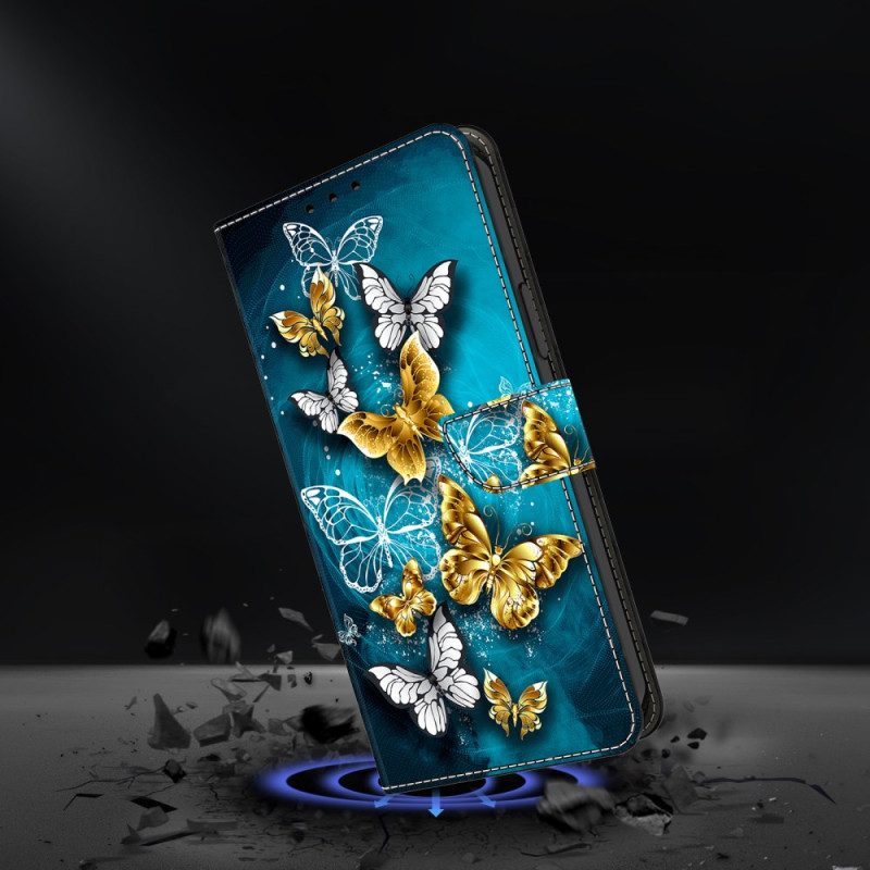 Lederhüllen Samsung Galaxy S26 Plus Goldener Schmetterling Auf Grün
