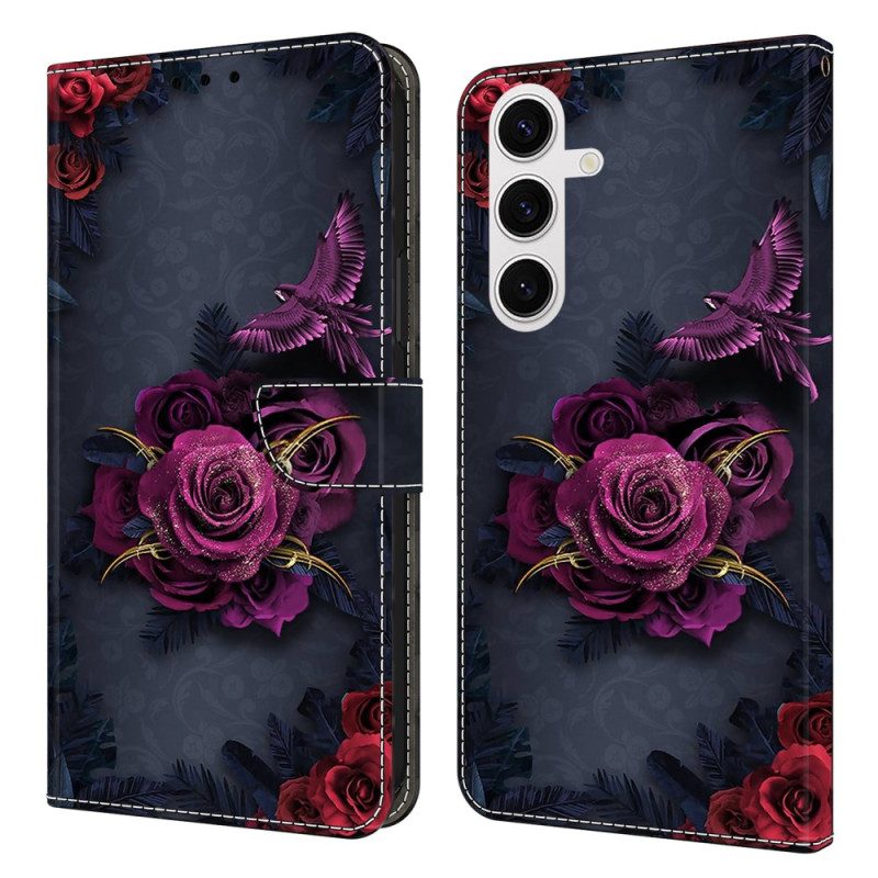 Lederhüllen Samsung Galaxy S26 Plus Handyhülle Leuchtende Violette Blumen