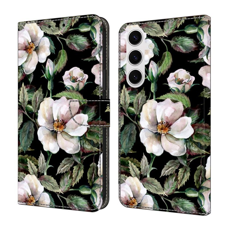 Lederhüllen Samsung Galaxy S26 Plus Handyhülle Weißes Blumenmotiv