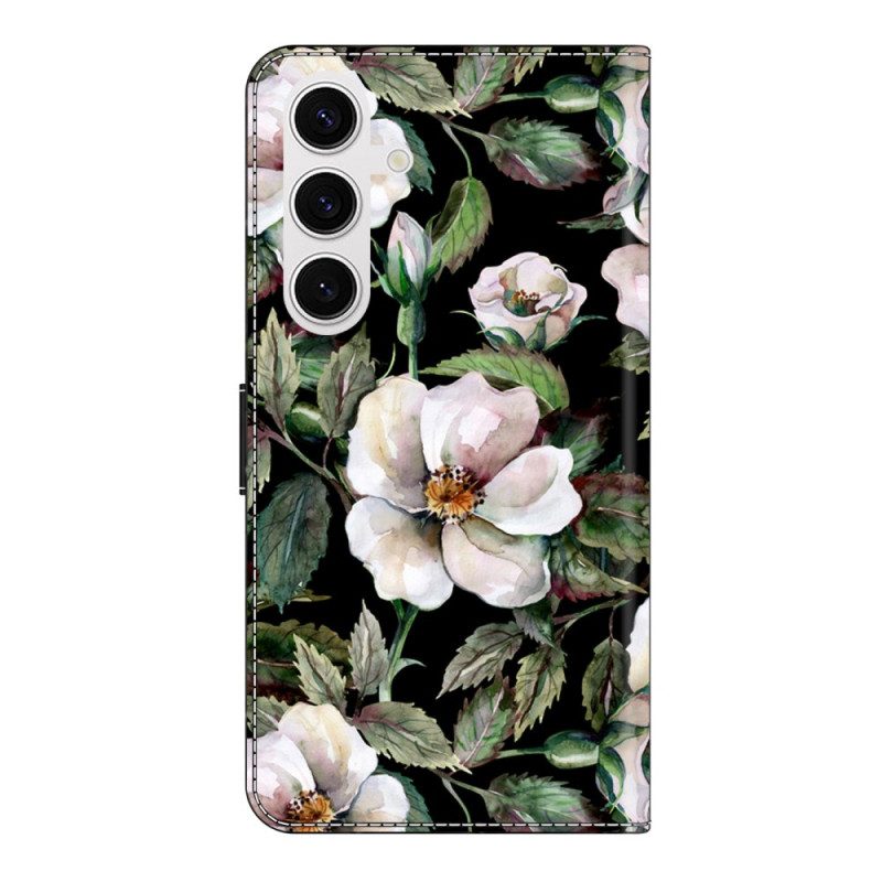 Lederhüllen Samsung Galaxy S26 Plus Handyhülle Weißes Blumenmotiv