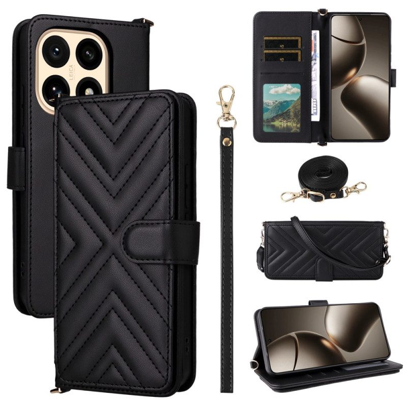 Lederhüllen Für Xiaomi 15t Gesteppt Mit Schulter- Und Handgelenkschlaufe