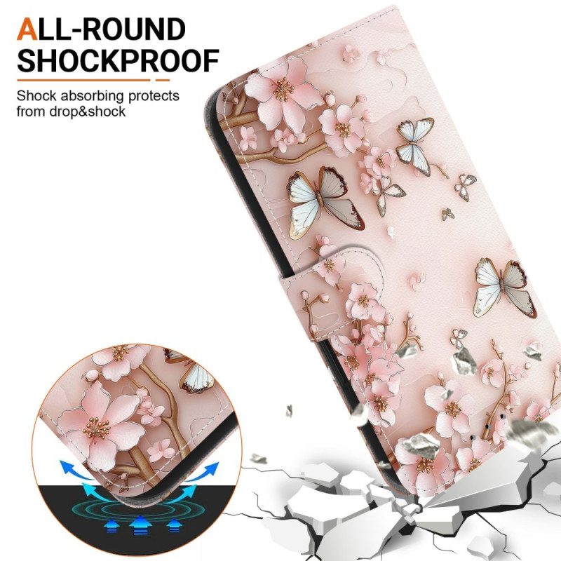 Lederhüllen Xiaomi 15t Roségoldene Schmetterlinge Und Blumen