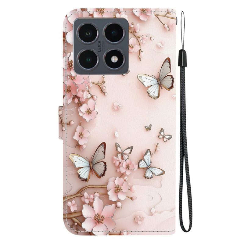 Lederhüllen Xiaomi 15t Roségoldene Schmetterlinge Und Blumen