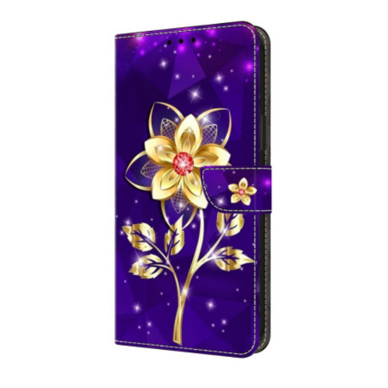 Lederhüllen Für Samsung Galaxy S25 Fe Goldene Blumen Auf Violettem Grund