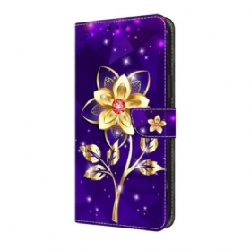 Lederhüllen Für Samsung Galaxy S25 Fe Goldene Blumen Auf Violettem Grund