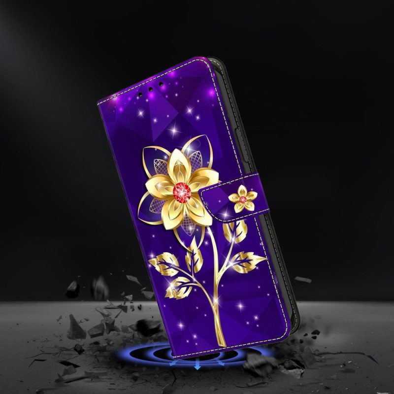 Lederhüllen Für Samsung Galaxy S25 Fe Goldene Blumen Auf Violettem Grund