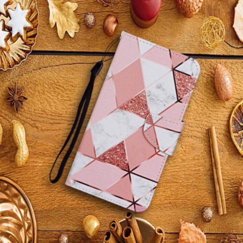Lederhüllen Für Xiaomi Redmi Note 9 Pro 5G Marmor Und Pailletten Mit Riemen