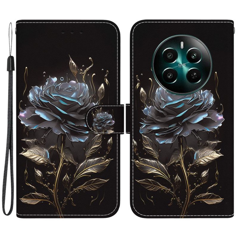 Lederhüllen Realme 12 Plus 5g Schwarze Rose Mit Riemen