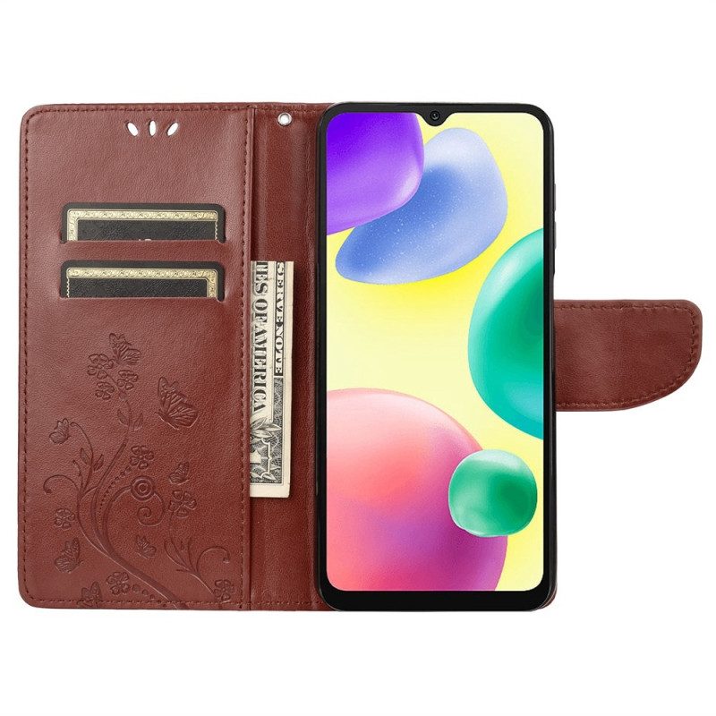Flip Case Für Xiaomi Redmi 10A Mit Kordel Schmetterlings- Und Blumenarmband