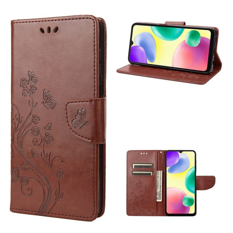 Flip Case Für Xiaomi Redmi 10A Mit Kordel Schmetterlings- Und Blumenarmband