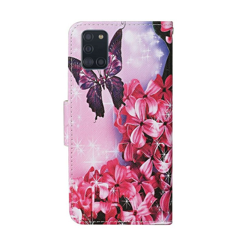 Flip Case Für Samsung Galaxy A31 Schmetterlinge Blumen-lanyard