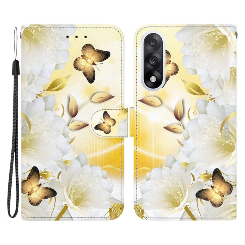 Lederhüllen Oneplus Nord 5 Goldene Schmetterlinge Und Weiße Blumen