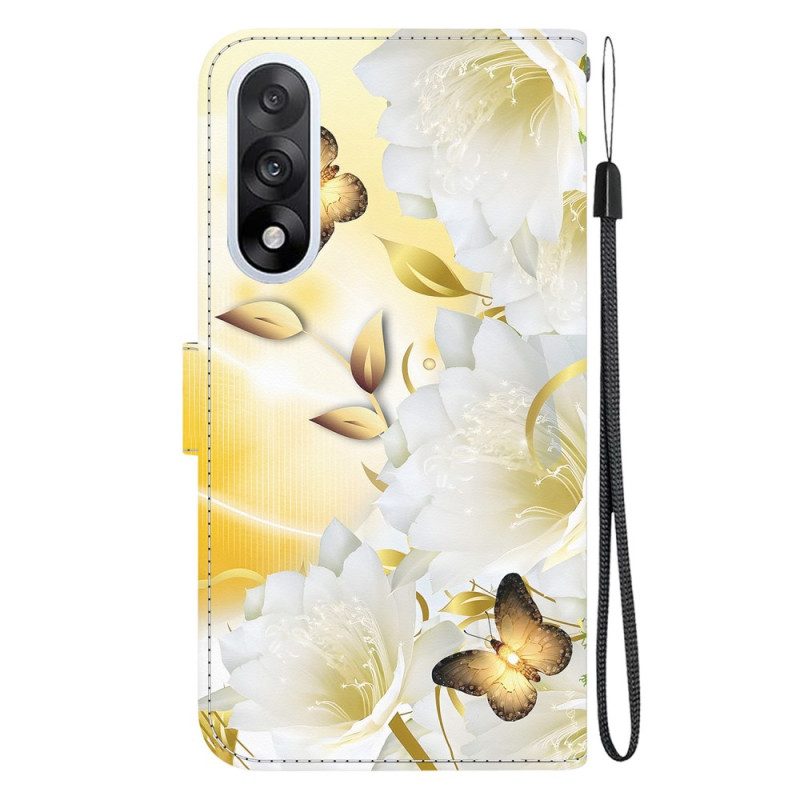 Lederhüllen Oneplus Nord 5 Goldene Schmetterlinge Und Weiße Blumen