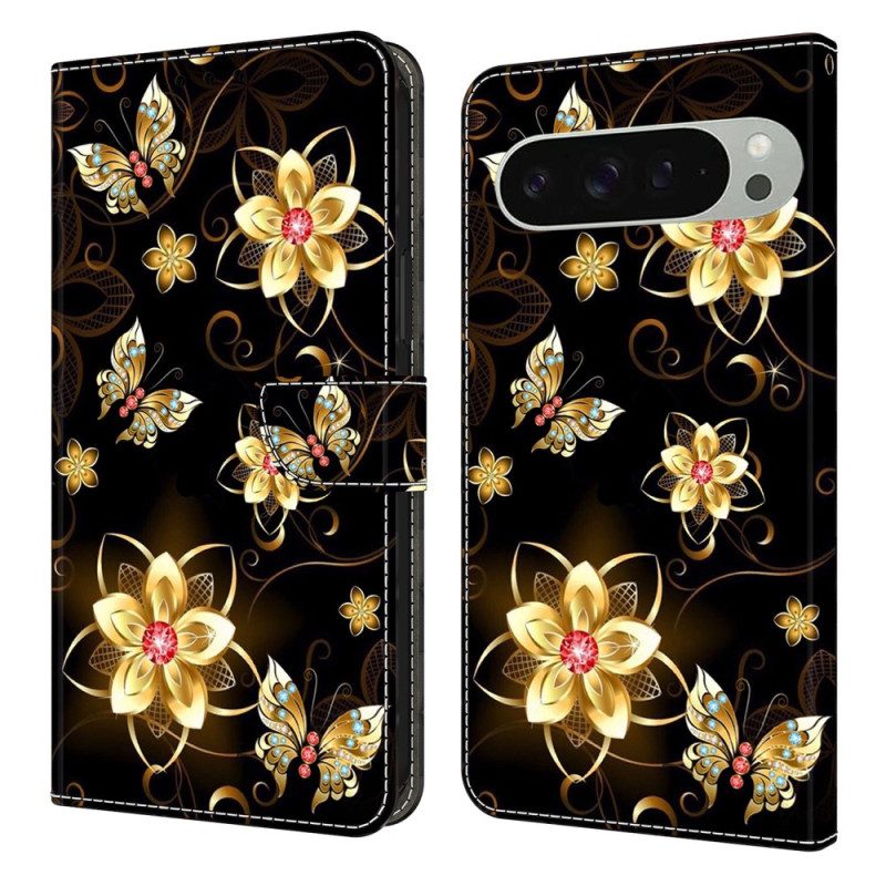 Lederhüllen Für Google Pixel 10 Pro Xl Goldene Blumen Und Schmetterlinge