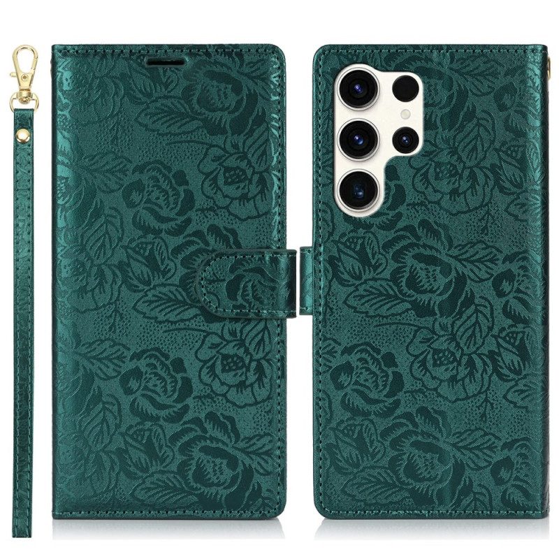 Lederhüllen Samsung Galaxy S25 Ultra 5g Handyhülle Blumenmuster Mit Riemen