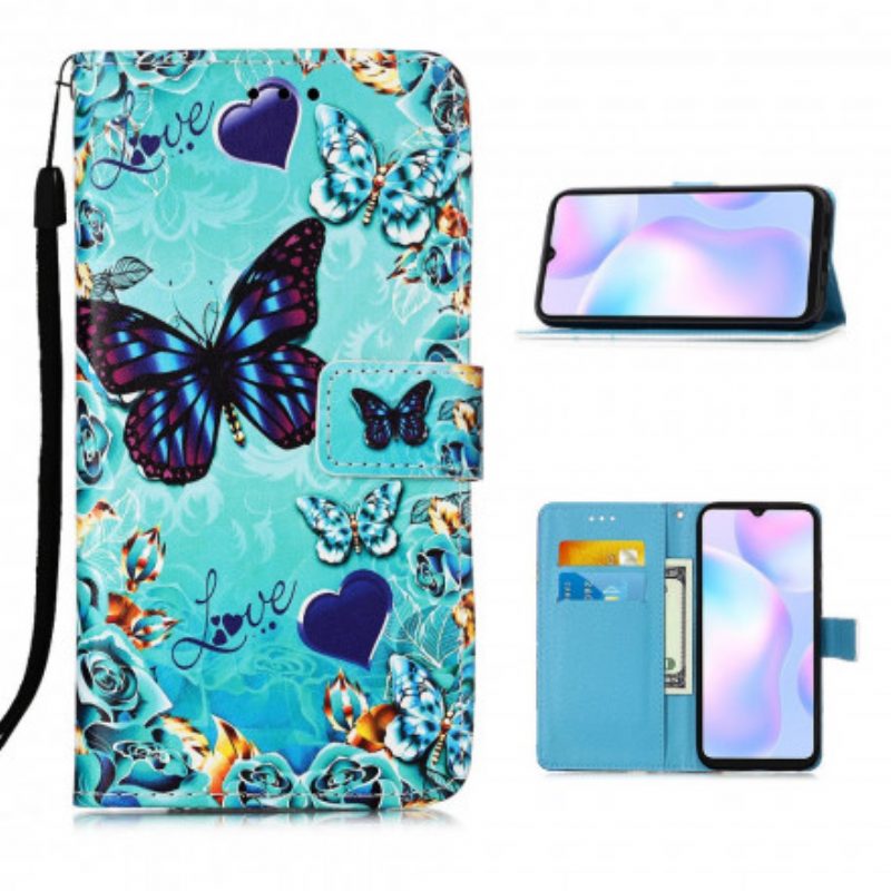 Flip Case Für Xiaomi Redmi 9A Mit Kordel Love Butterflys Riemchen