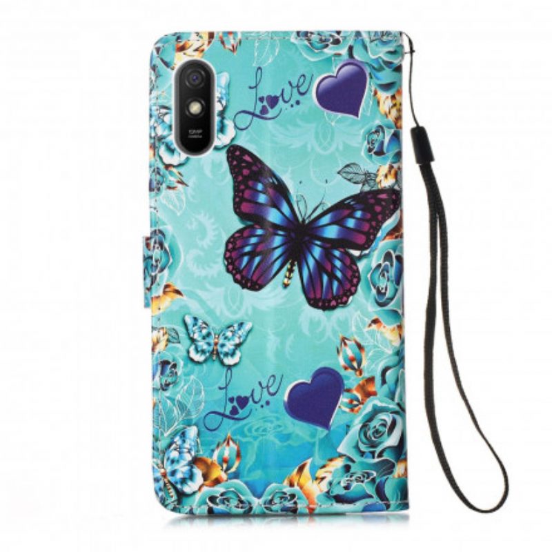 Flip Case Für Xiaomi Redmi 9A Mit Kordel Love Butterflys Riemchen