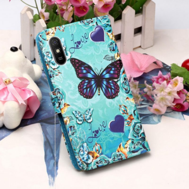 Flip Case Für Xiaomi Redmi 9A Mit Kordel Love Butterflys Riemchen