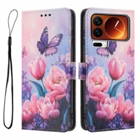 Lederhüllen Für Xiaomi 17 Pro Schmetterlinge Und Rosa Blumen