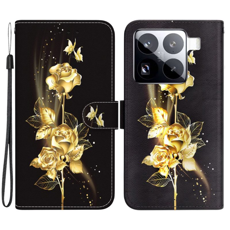 Lederhüllen Xiaomi 15 Pro Goldene Schmetterlinge Und Rosa