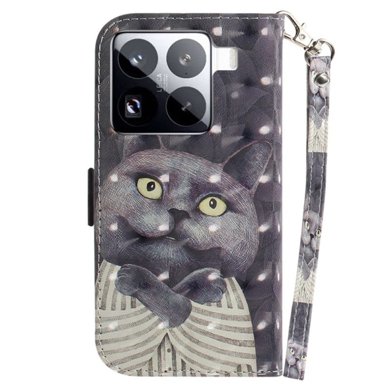 Lederhüllen Xiaomi 15 Pro Handyhülle Armband Mit Grauer Katze