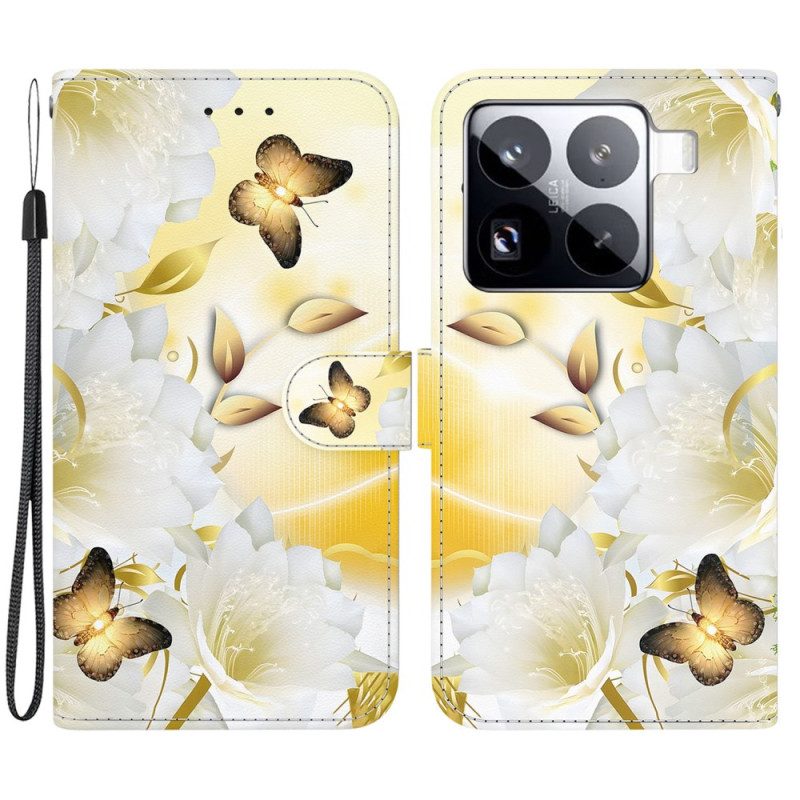 Lederhüllen Xiaomi 15 Pro Handyhülle Goldene Schmetterlinge Und Weiße Blumen
