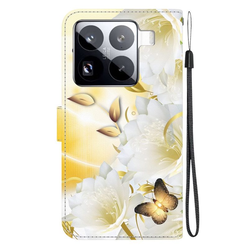 Lederhüllen Xiaomi 15 Pro Handyhülle Goldene Schmetterlinge Und Weiße Blumen