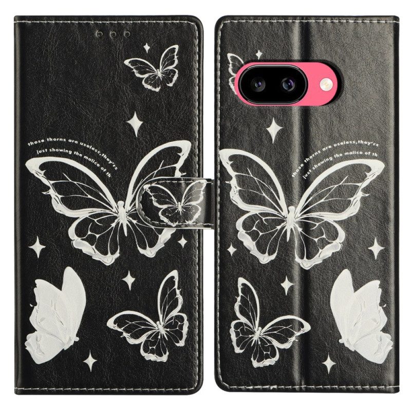 Lederhüllen Für Google Pixel 10a Schwarz-weiße Schmetterlinge
