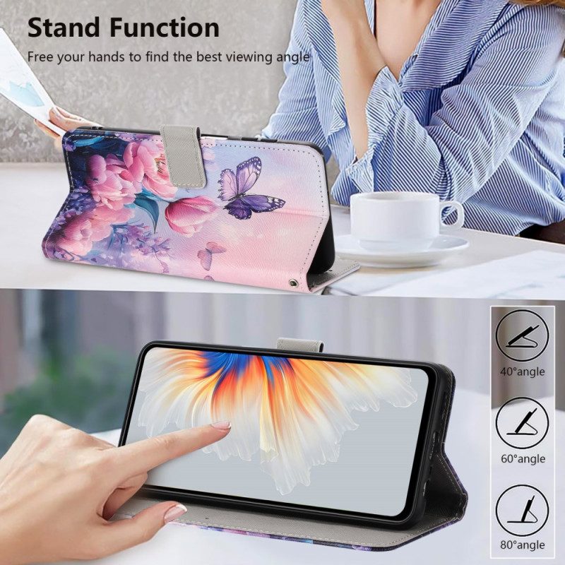 Lederhüllen Google Pixel 10a Handyhülle Schmetterlinge Und Rosa Blumen