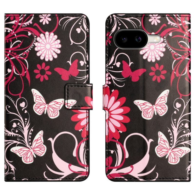 Lederhüllen Google Pixel 10a Schmetterlinge Auf Schwarzem Hintergrund