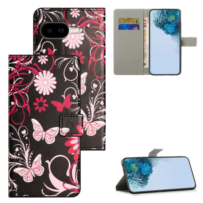 Lederhüllen Google Pixel 10a Schmetterlinge Auf Schwarzem Hintergrund