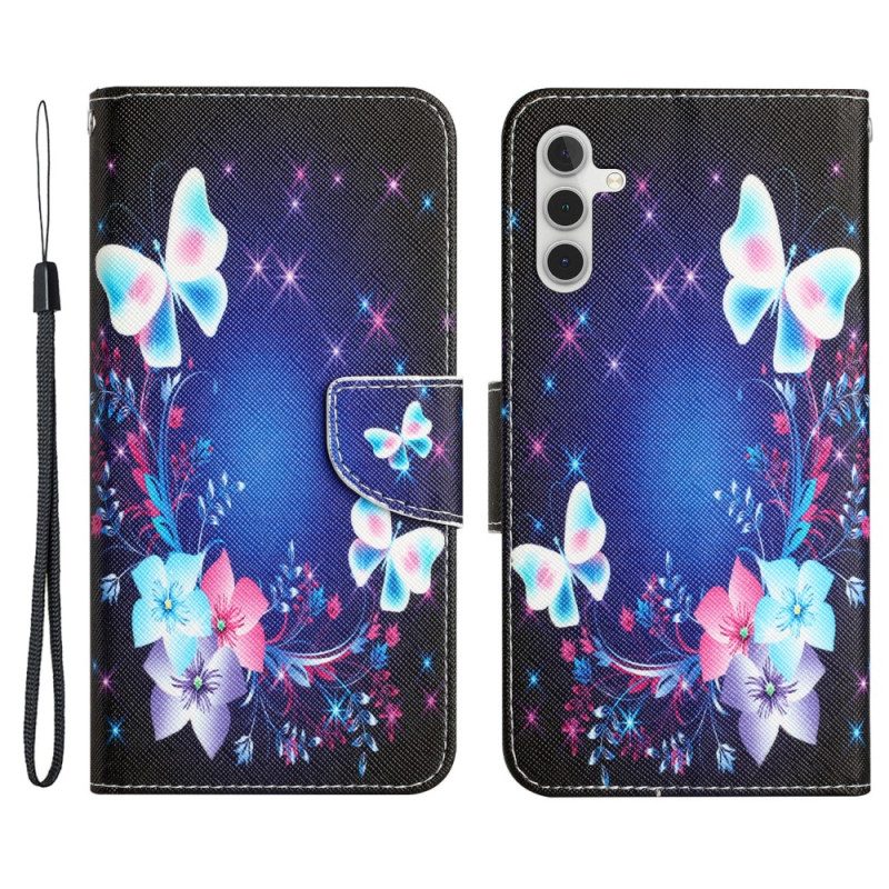 Lederhüllen Für Samsung Galaxy A34 5G Mit Kordel Feenschmetterlinge Mit Schlüsselband