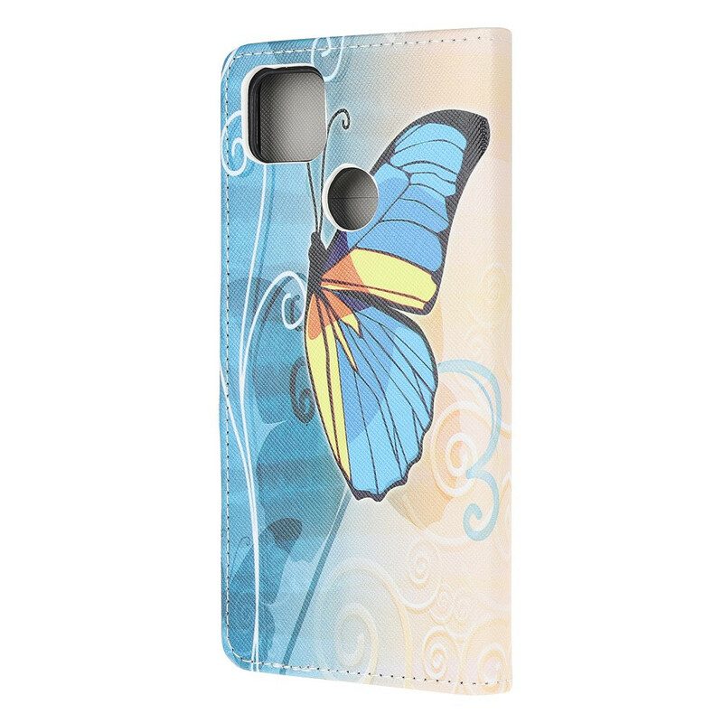 Lederhüllen Für Xiaomi Redmi 9C Blauer Und Gelber Schmetterling