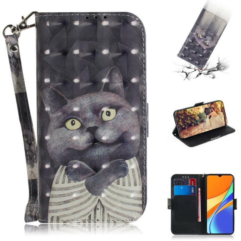 Lederhüllen Für Xiaomi Redmi 9C Mit Kordel Graue Katze Mit Riemen