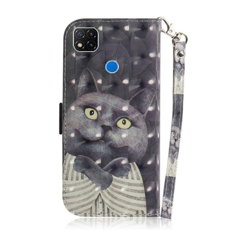 Lederhüllen Für Xiaomi Redmi 9C Mit Kordel Graue Katze Mit Riemen