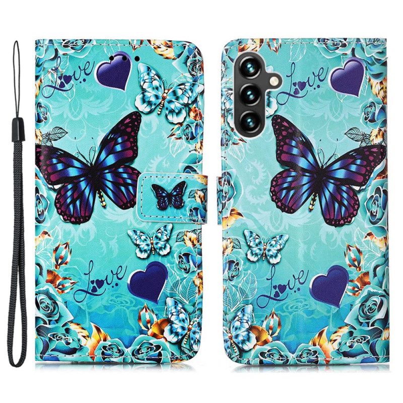 Flip Case Für Samsung Galaxy A54 5G Mit Kordel Bunte Tanga-schmetterlinge