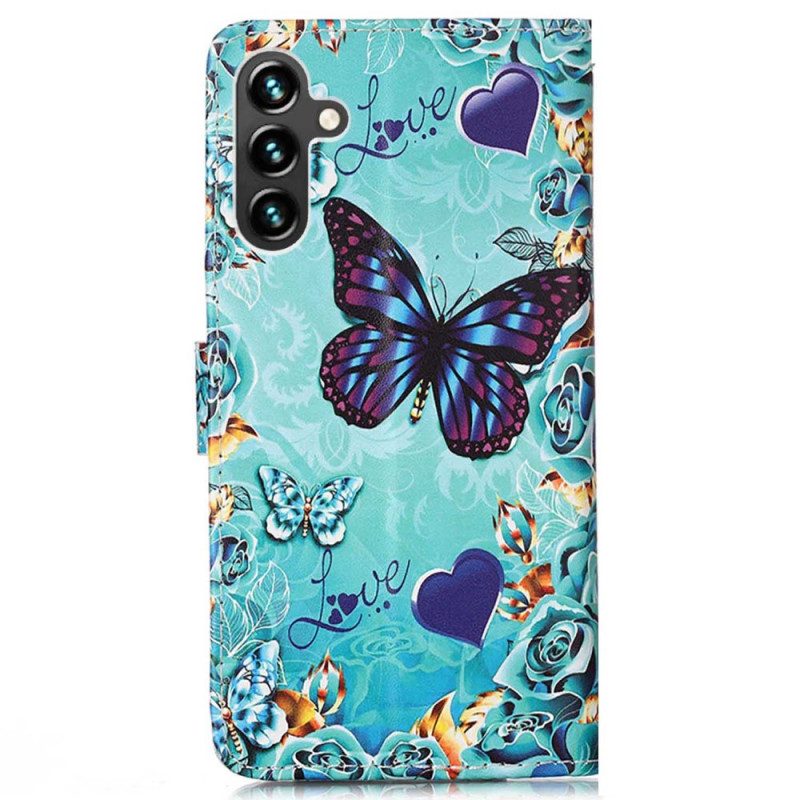 Flip Case Für Samsung Galaxy A54 5G Mit Kordel Bunte Tanga-schmetterlinge