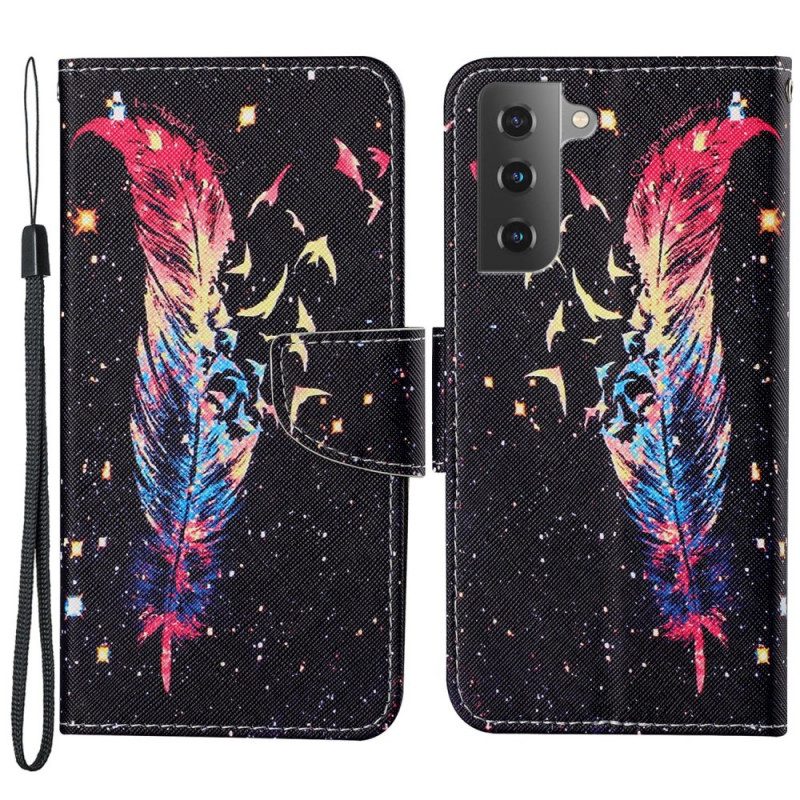 Lederhüllen Für Samsung Galaxy S22 Plus 5G Mit Kordel Bunte Feder Mit Riemen