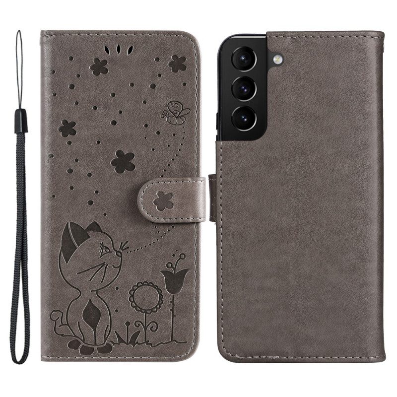Lederhüllen Für Samsung Galaxy S22 Plus 5G Mit Kordel Katze Und Biene Mit Schlüsselband